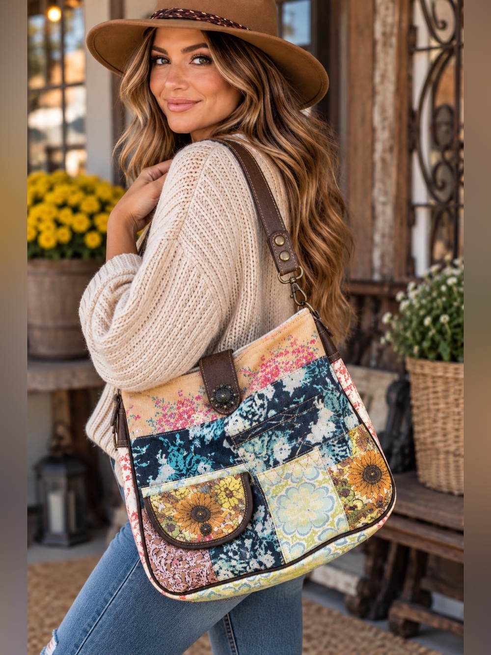 Myra Le Fleur Shoulder Bag NWT Floral Patchwork Canvas Leather Boho S-6393